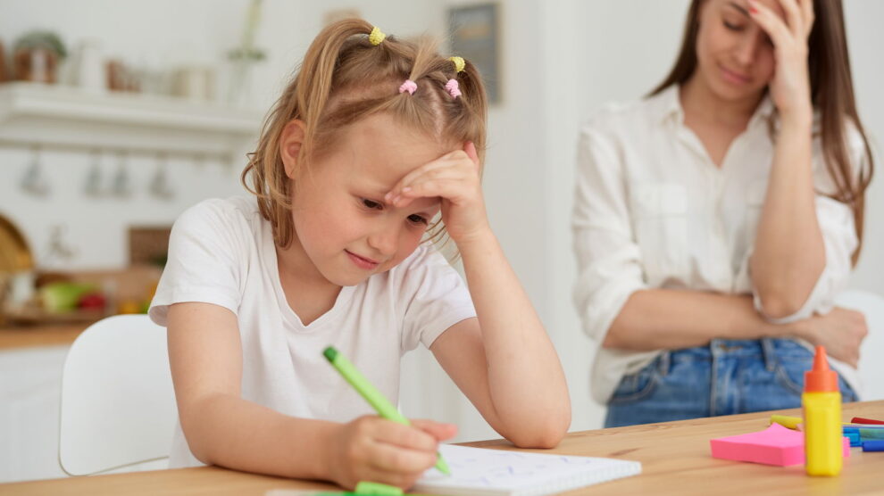 Mom is angry because her daughter dont want homework parents teaching kids home home school education mother helping her daughter homework emotional stress 990x556