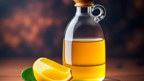 Butelka oleju z drewniana pokrywka i polowka cytryny na drewnianym stole 1 jpg 470x264