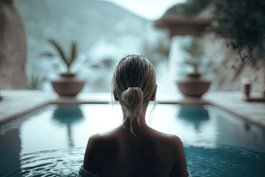 Piekna kobieta od tylu relaksujaca sie w jacuzzi ai generatywne jpg