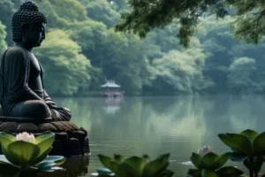 Posag buddy z naturalnym krajobrazem wodnym jpg 300x200