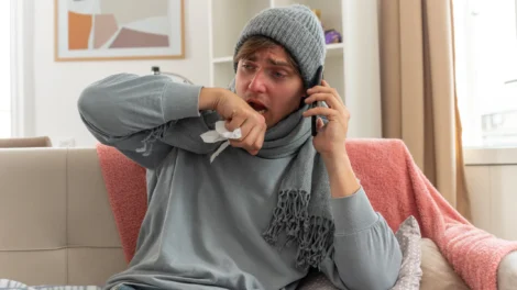 Sick young man with scarf around neck wearing winter hat holding his hand close mouth talking phone sitting couch living room scaled 1 470x264