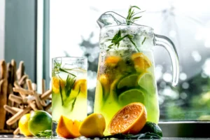 Widok z przodu orzezwiajaca lemoniada z cytryna limonka i estragonem jpg 300x200