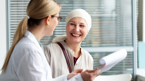 Middle aged woman with skin cancer talking with her doctor 470x264
