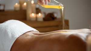 Honey pouring woman s naked back spa salon 300x168