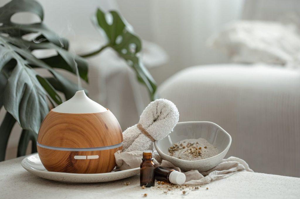 Cozy still life with humidifier interior room blurred background 1024x682