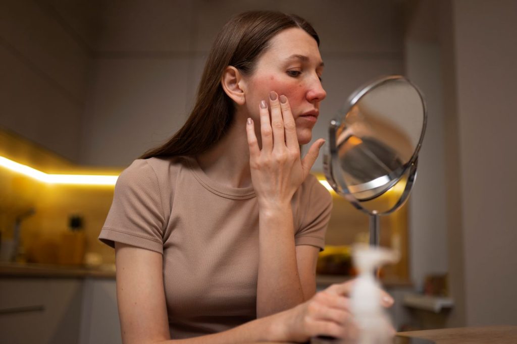 Woman looking her rosacea mirror 1024x682