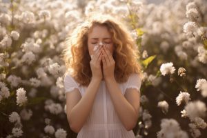 Woman suffering from allergy by being exposed flower pollen outside 300x200