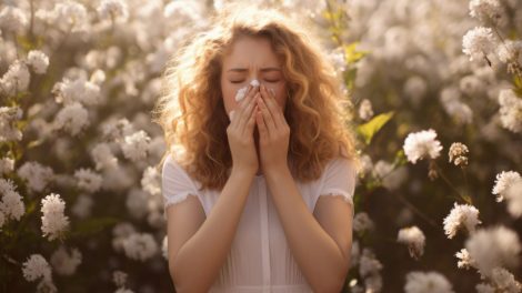 Woman suffering from allergy by being exposed flower pollen outside 470x264