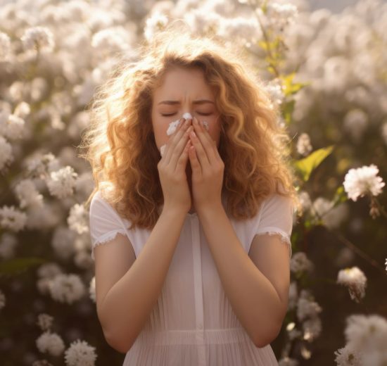 Woman suffering from allergy by being exposed flower pollen outside 550x520