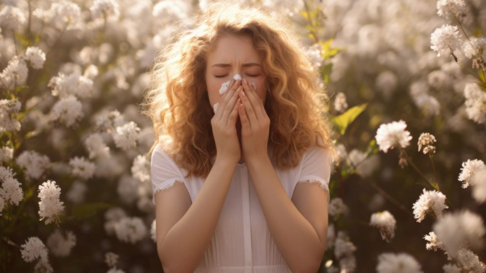 Woman suffering from allergy by being exposed flower pollen outside 990x556