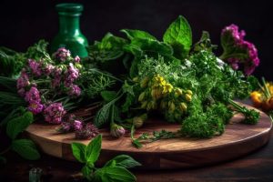 Rustic table adorned with fresh herb bouquet generated by ai 300x200