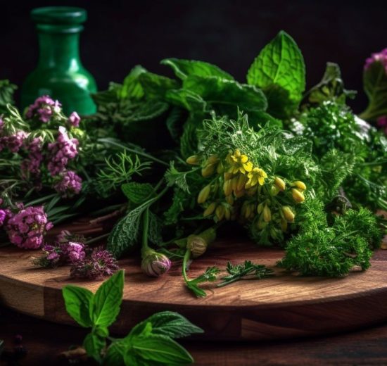 Rustic table adorned with fresh herb bouquet generated by ai 550x520