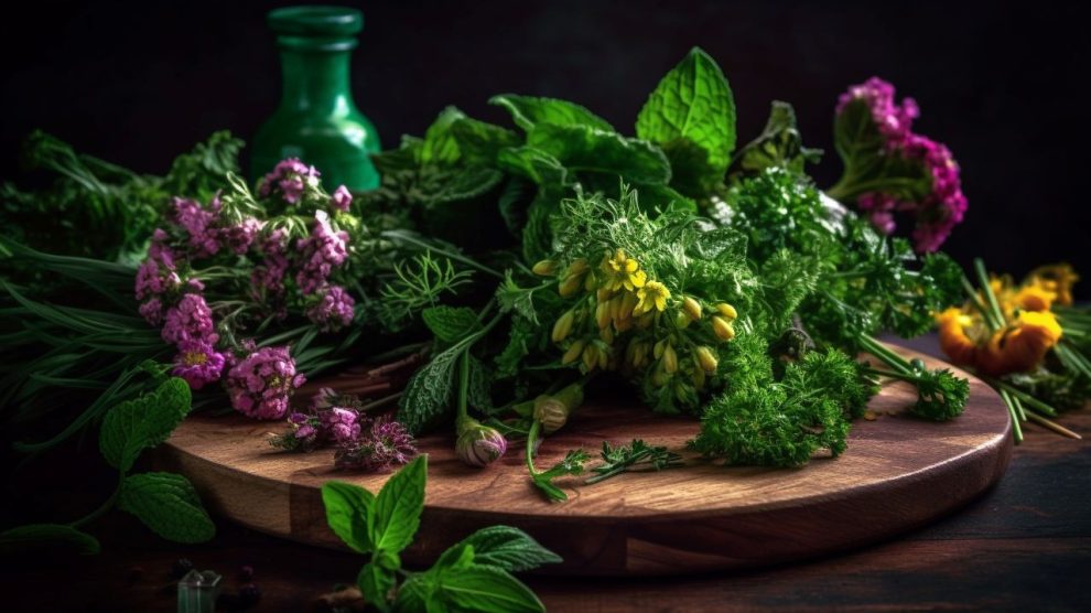 Rustic table adorned with fresh herb bouquet generated by ai 990x556
