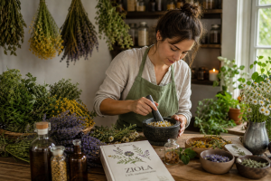 Przytulna pracownia zielarska z ksiazka „Ziola 300x200